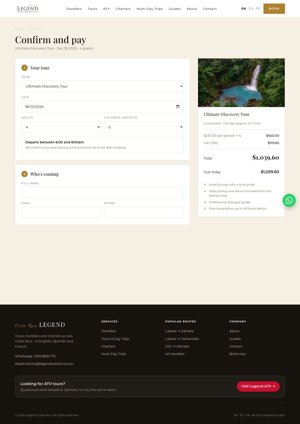 Legend checkout: confirm and pay, with the tour, date and guest count