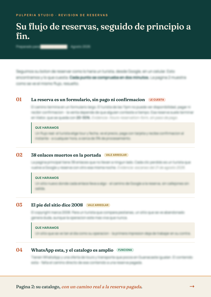 Example of a one-page booking-flow review, with the client's details hidden