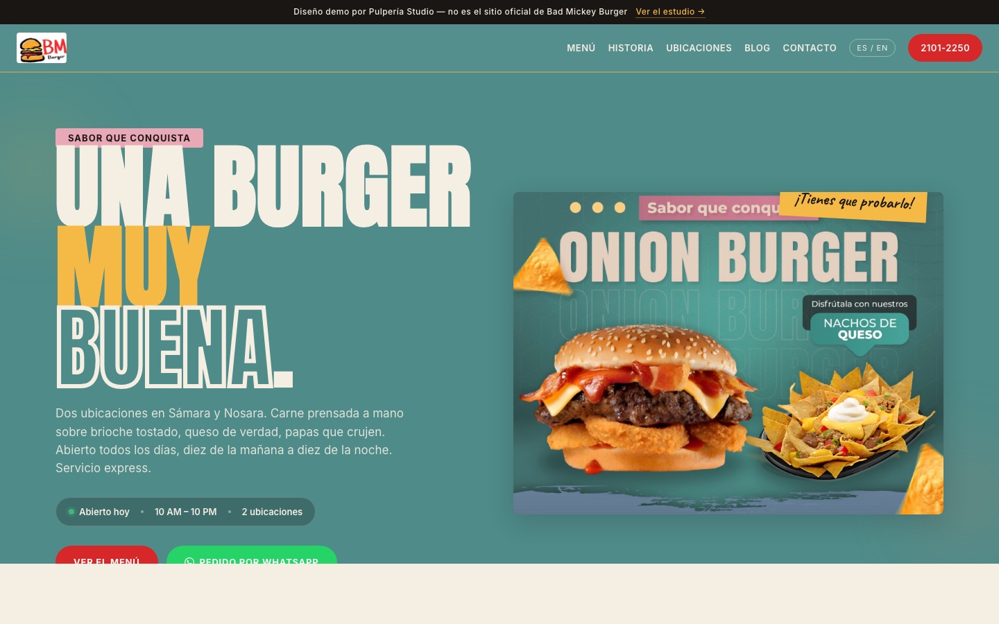 Bad Mickey Burger - a Pulpería Studio demo restaurant site with live WhatsApp ordering