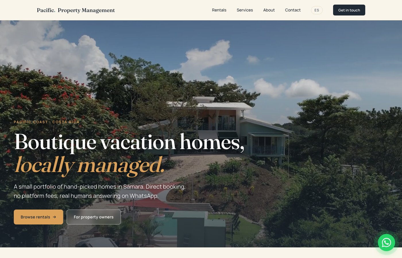 Pacific Property Management - sitio de reservas directas para una cartera de casas de alquiler en Costa Rica